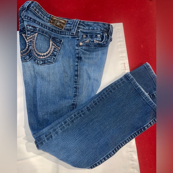 True Religion TORY Boot Cut BLUE Jeans HORSESHOE Silver Studded Pocket Womens 28 - Picture 6 of 16